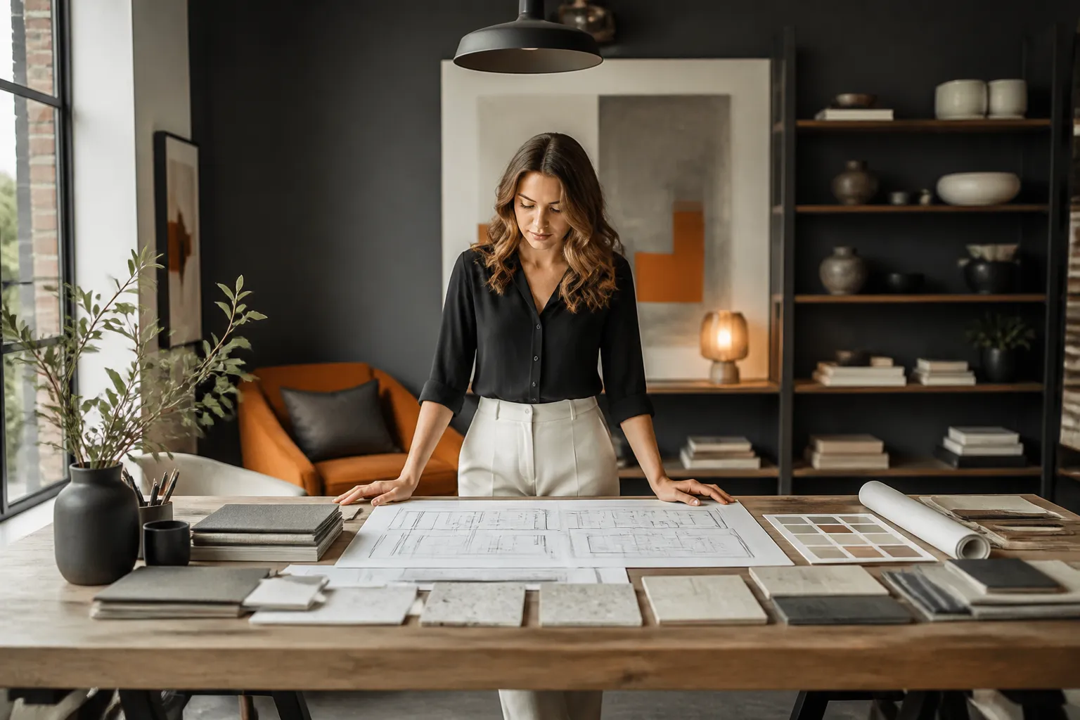 Premium interior designer reviewing project plans in a modern studio